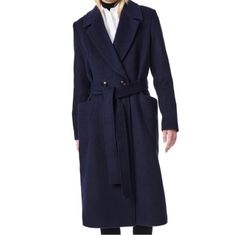 Bernardo Belted Wool Blend Longline Coat - Deep Navy Size XL